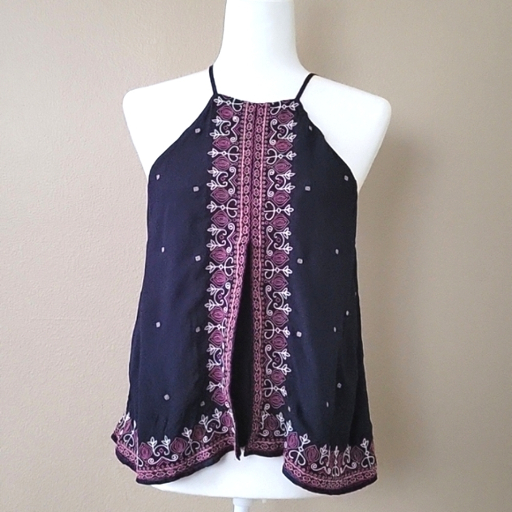 Floreat Anthropologie Midnight Flower Embroidered Halter Tank - Size 6